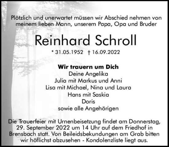 Traueranzeige von Reinhard Schroll von vrm-trauer Odenwälder Echo