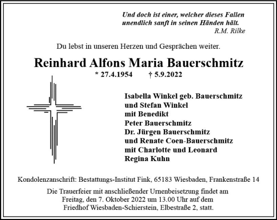 Traueranzeige von Reinhard Alfons Maria Bauerschmitz von vrm-trauer Wiesbadener Kurier