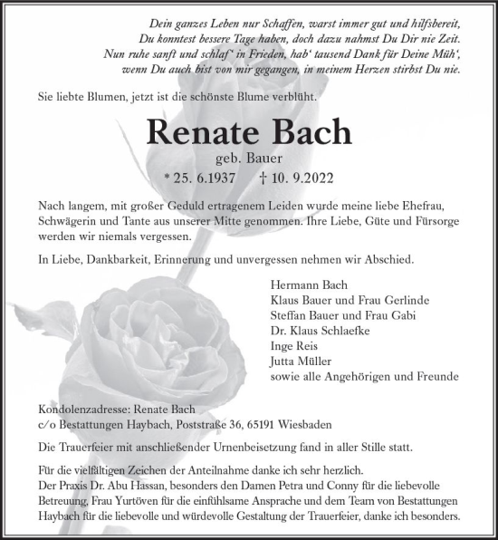 Traueranzeige von Renate Bach von vrm-trauer Wiesbadener Kurier