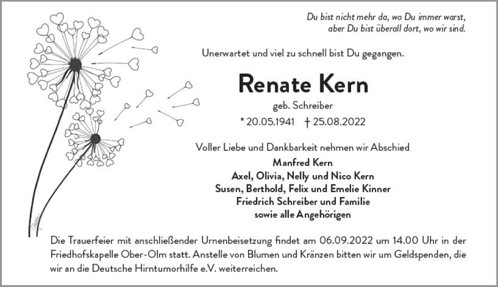  Traueranzeige für Renate Kern vom 03.09.2022 aus vrm-trauer AZ Mainz