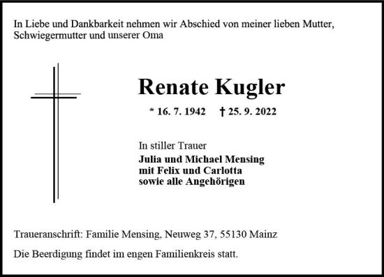 Traueranzeige von Renate Kugler von vrm-trauer AZ Mainz