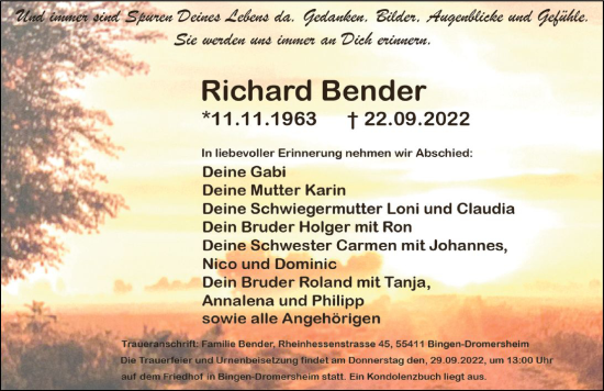 Traueranzeige von Richard Bender von vrm-trauer Allgemeine  Zeitung Ingelheim-Bingen