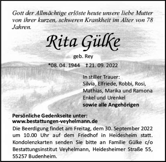 Traueranzeige von Rita Gülke von vrm-trauer AZ Mainz