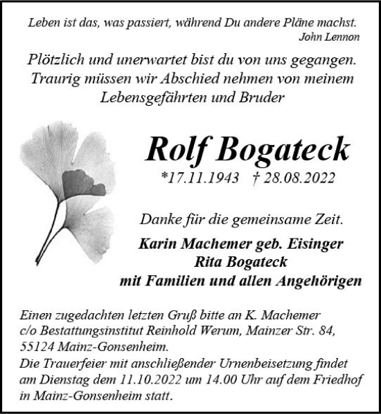 Traueranzeige von Rolf Bogateck von vrm-trauer AZ Mainz