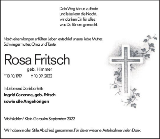 Traueranzeige von Rosa Fritsch von vrm-trauer Groß-Gerauer Echo