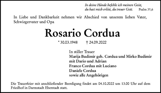Traueranzeige von Rosario Cordua von vrm-trauer Darmstädter Echo