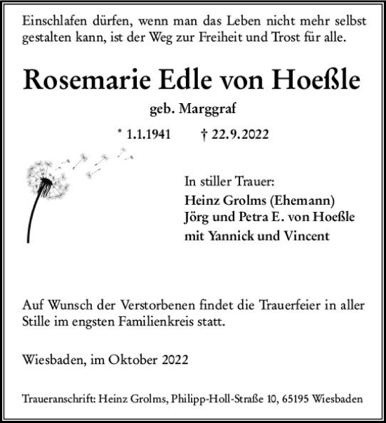 Traueranzeige von Rosemarie Edle von Hoeßle von vrm-trauer Wiesbadener Kurier