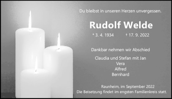 Traueranzeige von Rudolf Welde von vrm-trauer Rüsselsheimer Echo / MainSpitze