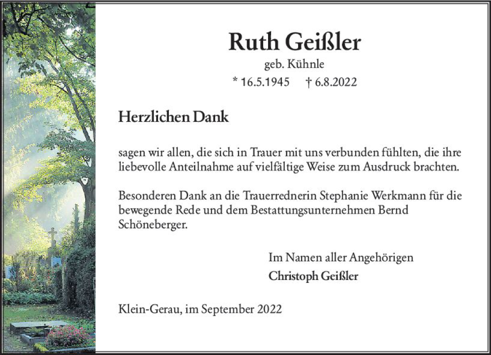  Traueranzeige für Ruth Geißler vom 03.09.2022 aus vrm-trauer Groß-Gerauer Echo