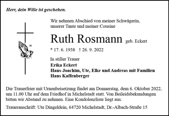Traueranzeige von Ruth Rosmann von vrm-trauer Odenwälder Echo
