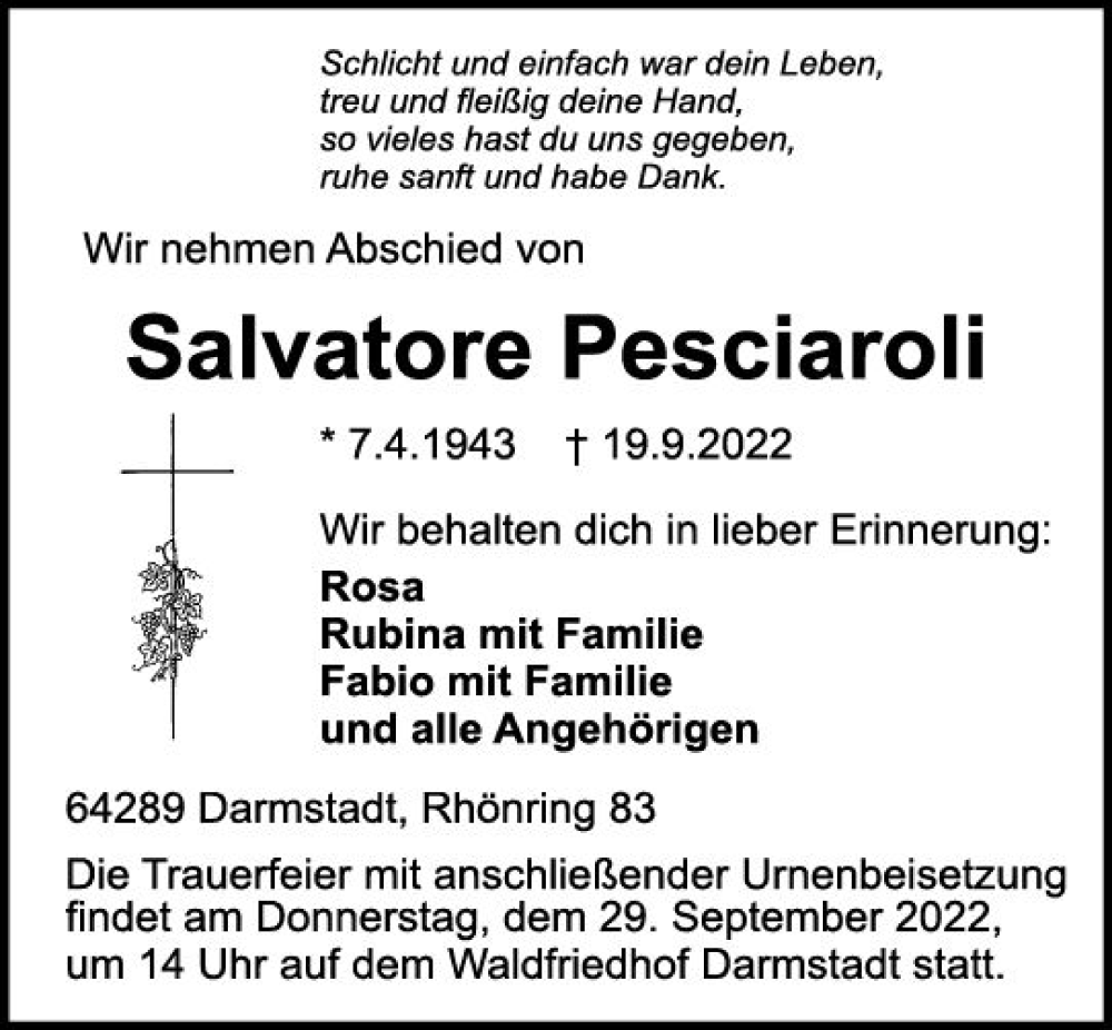  Traueranzeige für Salvatore Pesciaroli vom 24.09.2022 aus vrm-trauer Darmstädter Echo
