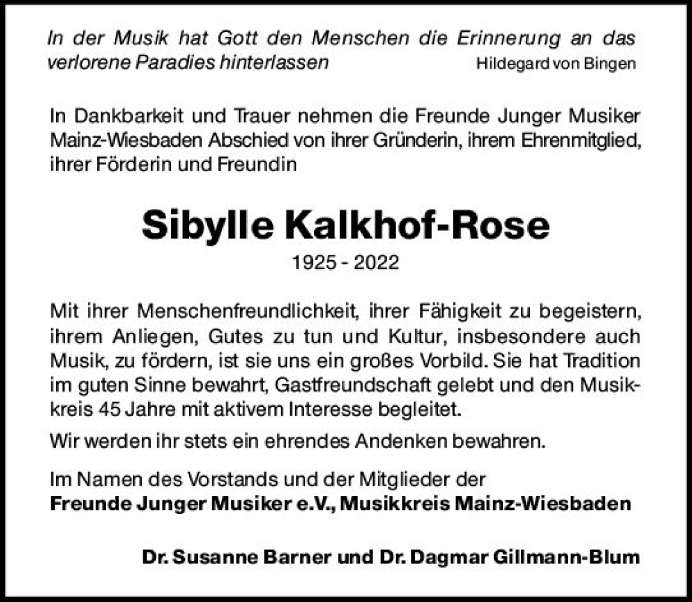 Traueranzeige für Sibylle Kalkhof-Rose vom 24.09.2022 aus vrm-trauer Wiesbadener Kurier