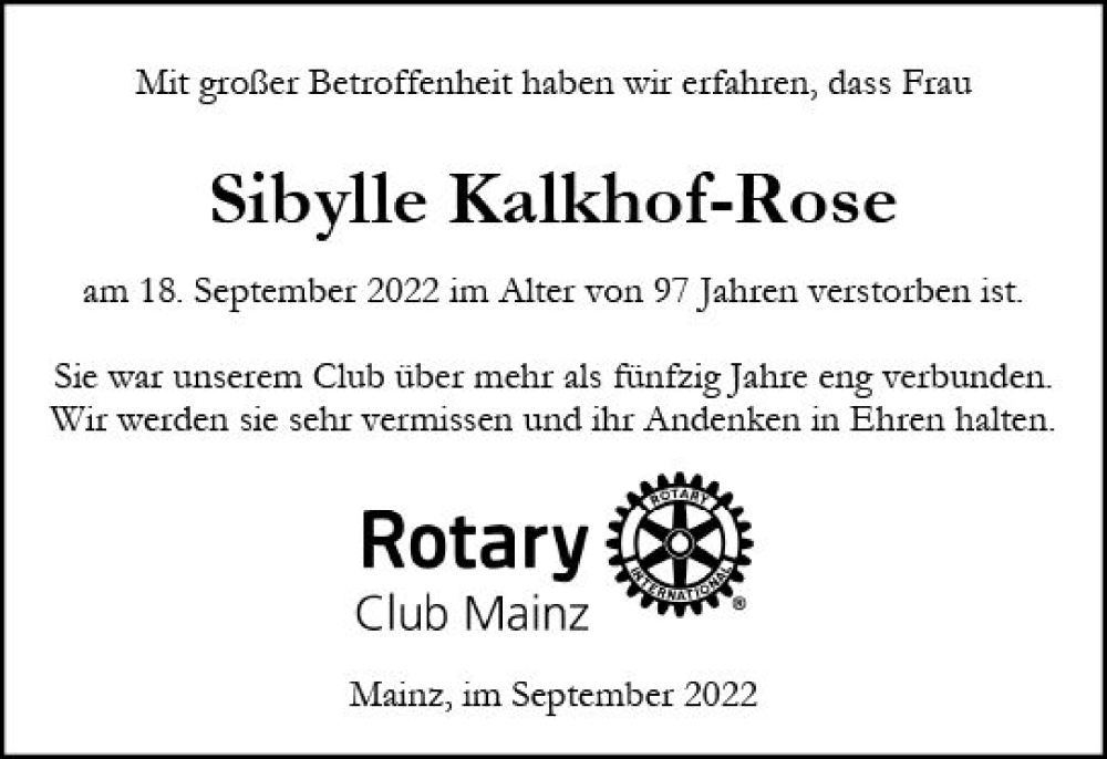  Traueranzeige für Sibylle Kalkhof-Rose vom 24.09.2022 aus vrm-trauer AZ Mainz