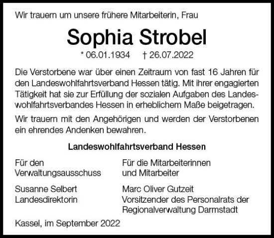 Traueranzeige von Sophia Strobel von vrm-trauer DieburgerAnzeiger/Groß-Zimmerner Lokala