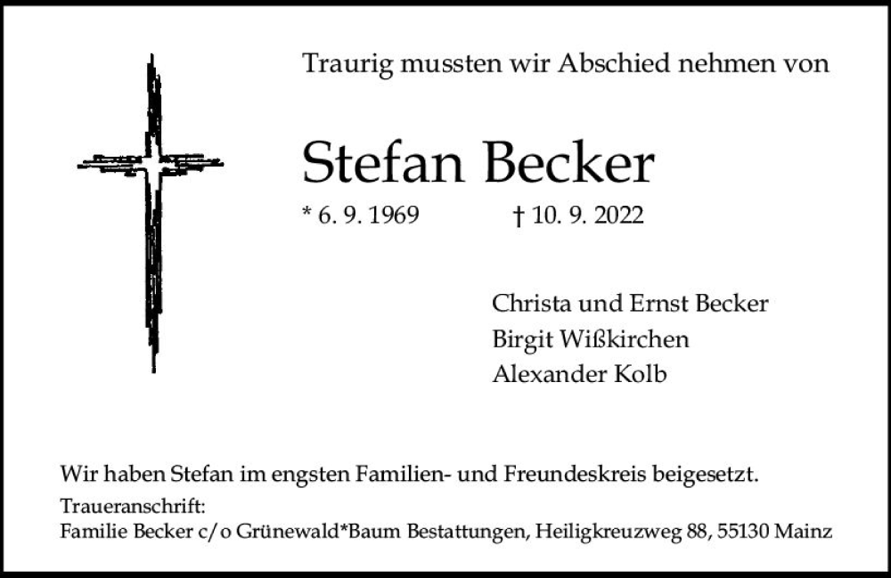  Traueranzeige für Stefan Becker vom 01.10.2022 aus vrm-trauer AZ Mainz