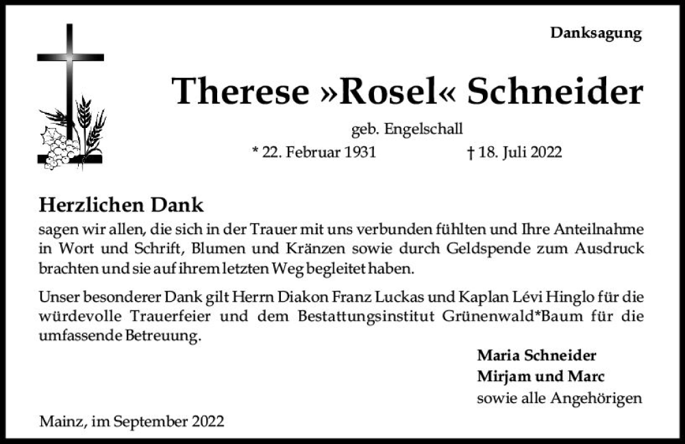  Traueranzeige für Therese Schneider vom 17.09.2022 aus vrm-trauer AZ Mainz