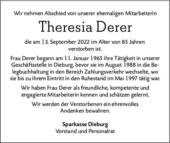 Traueranzeige von Theresia Derer von vrm-trauer DieburgerAnzeiger/Groß-Zimmerner Lokala