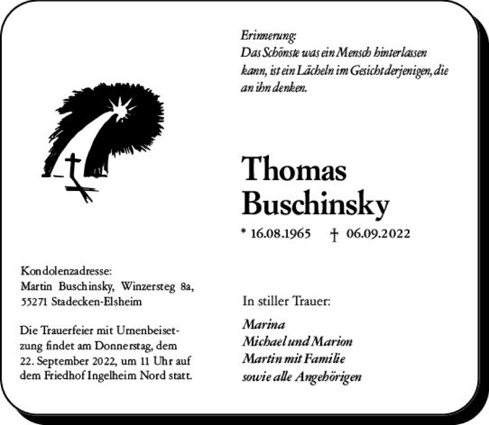  Traueranzeige für Thomas Buschinsky vom 17.09.2022 aus vrm-trauer Allgemeine  Zeitung Ingelheim-Bingen