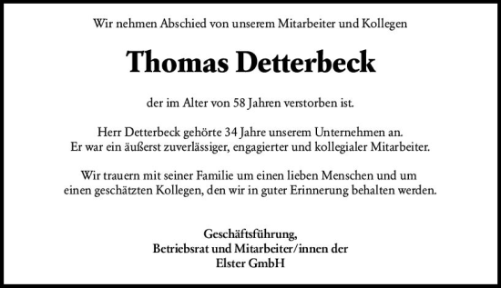 Traueranzeige von Thomas Detterbeck von vrm-trauer AZ Mainz