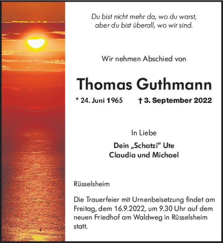  Traueranzeige für Thomas Guthmann vom 10.09.2022 aus vrm-trauer Rüsselsheimer Echo / MainSpitze