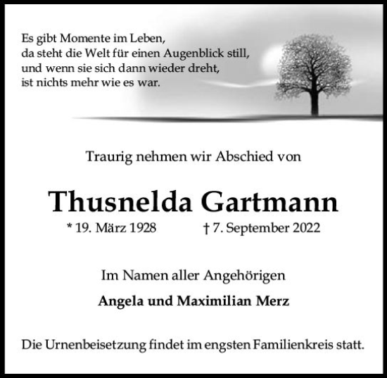 Traueranzeige von Thusnelda Gartmann von vrm-trauer AZ Mainz