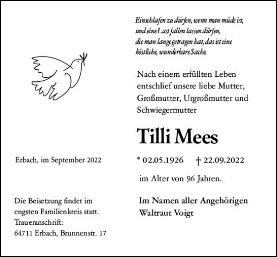 Traueranzeige von Tilli Mees von vrm-trauer Odenwälder Echo