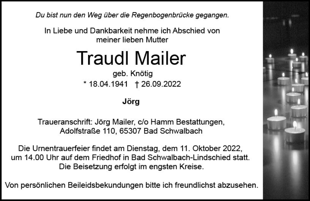  Traueranzeige für Traudl Mailer vom 01.10.2022 aus vrm-trauer WK-UTA
