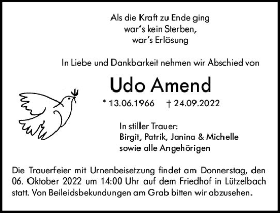 Traueranzeige von Udo Amend von vrm-trauer Odenwälder Echo