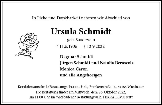 Traueranzeige von Ursula Schmidt von vrm-trauer Wiesbadener Kurier