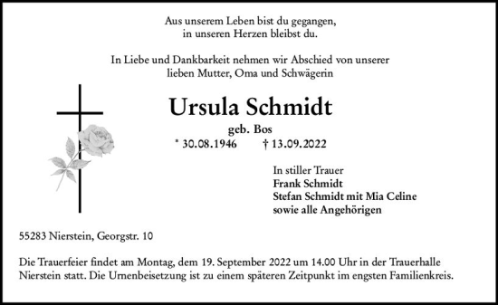 Traueranzeige von Ursula Schmidt von vrm-trauer AZ Mainz