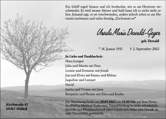 Traueranzeige von Ursula Maria Dewald-Geyer von vrm-trauer Groß-Gerauer Echo