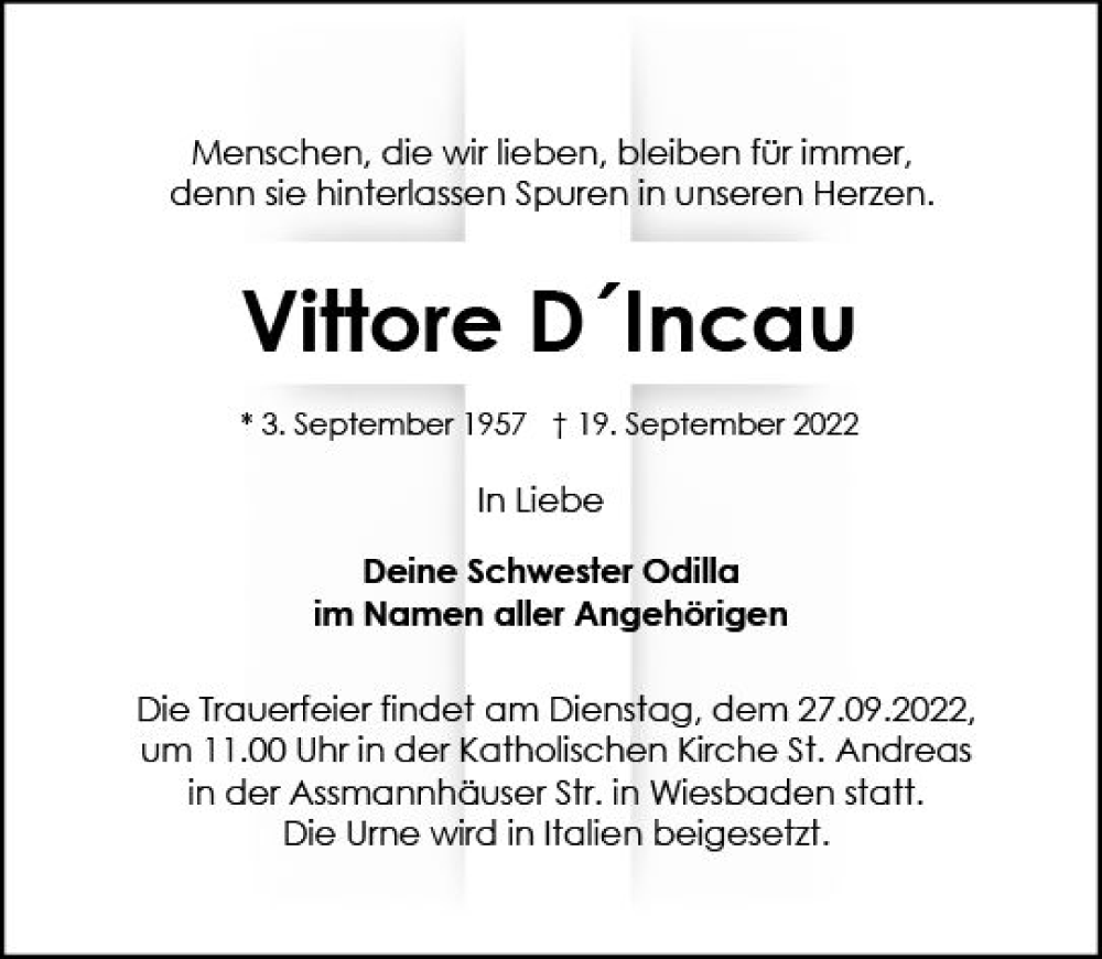  Traueranzeige für Vittore DIncau vom 24.09.2022 aus vrm-trauer Rheingau