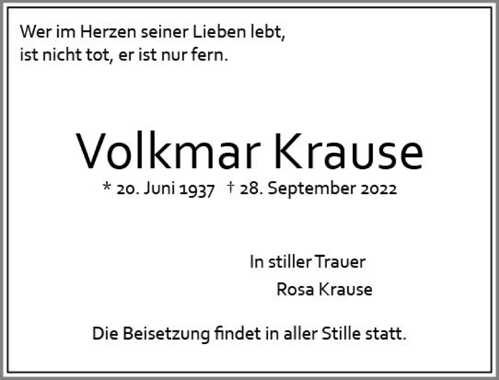  Traueranzeige für Volkmar Krause vom 01.10.2022 aus vrm-trauer Wiesbadener Kurier