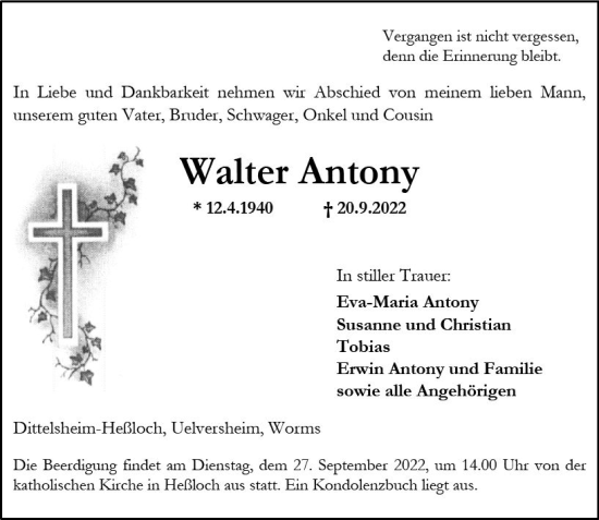 Traueranzeige von Walter Antony von vrm-trauer Wormser Zeitung