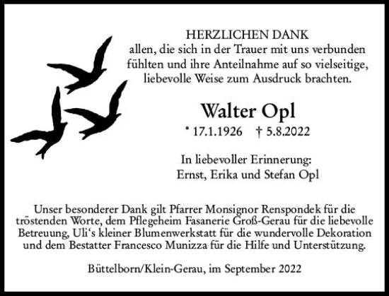 Traueranzeige von Walter Opl von vrm-trauer Groß-Gerauer Echo