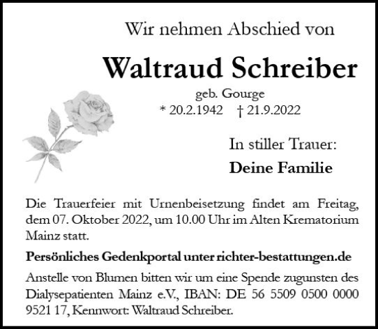 Traueranzeige von Waltraud Schreiber von vrm-trauer AZ Mainz