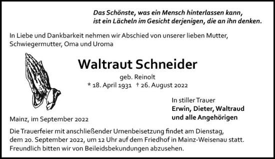 Traueranzeige von Waltraut Schneider von vrm-trauer AZ Mainz