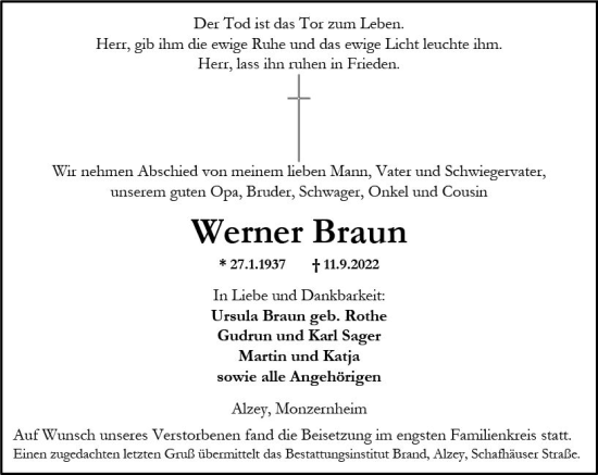 Traueranzeige von Werner Braun von vrm-trauer Allgemeine Zeitung Alzey