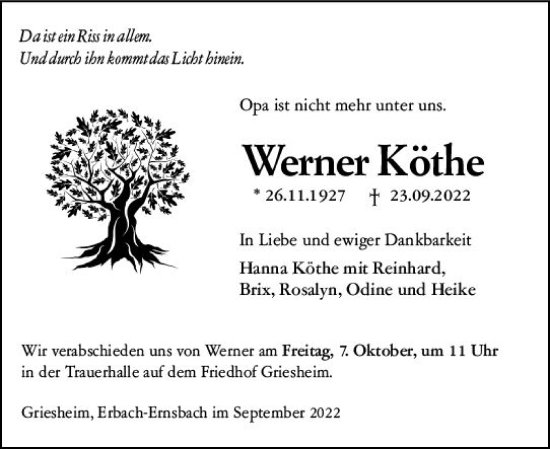 Traueranzeige von Werner Köthe von vrm-trauer Odenwälder Echo