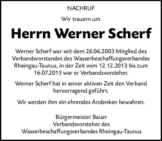 Traueranzeige von Werner Scherf von vrm-trauer Wiesbadener Kurier