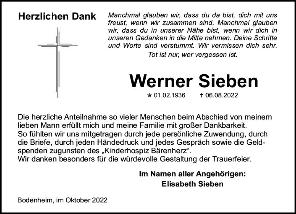  Traueranzeige für Werner Sieben vom 01.10.2022 aus vrm-trauer AZ Mainz