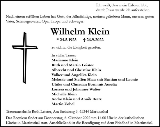 Traueranzeige von Wilhelm Klein von vrm-trauer Rheingau