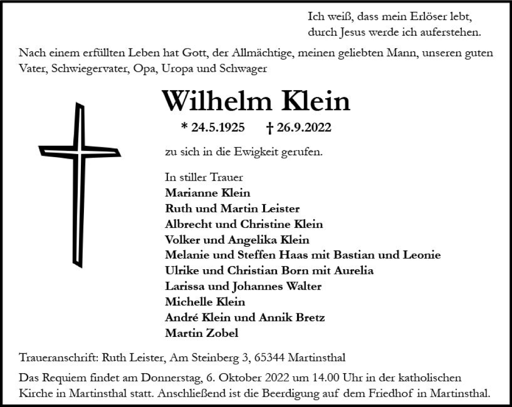  Traueranzeige für Wilhelm Klein vom 01.10.2022 aus vrm-trauer Rheingau