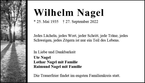 Traueranzeige von Wilhelm Nagel von vrm-trauer AZ Mainz