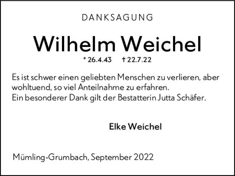  Traueranzeige für Wilhelm Weichel vom 10.09.2022 aus vrm-trauer Odenwälder Echo