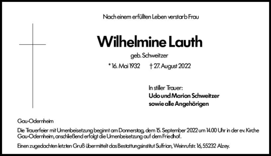 Traueranzeige von Wilhelmine Lauth von vrm-trauer AZ Mainz