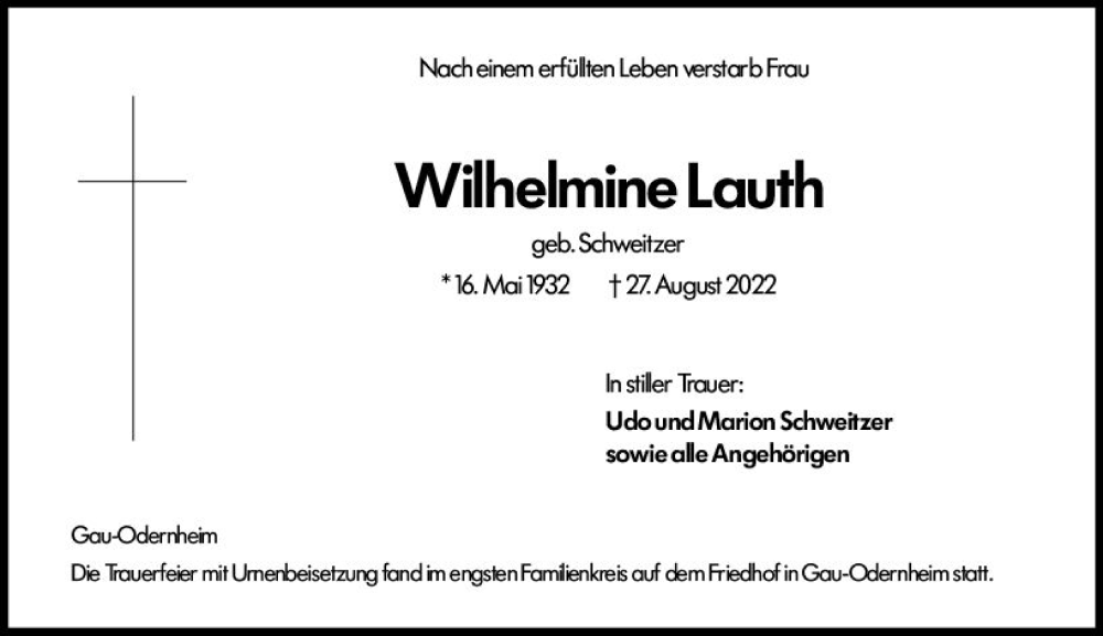  Traueranzeige für Wilhelmine Lauth vom 17.09.2022 aus vrm-trauer Allgemeine Zeitung Alzey
