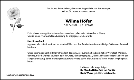 Traueranzeige von Wilma Höfer von vrm-trauer Allgemeine Zeitung Alzey