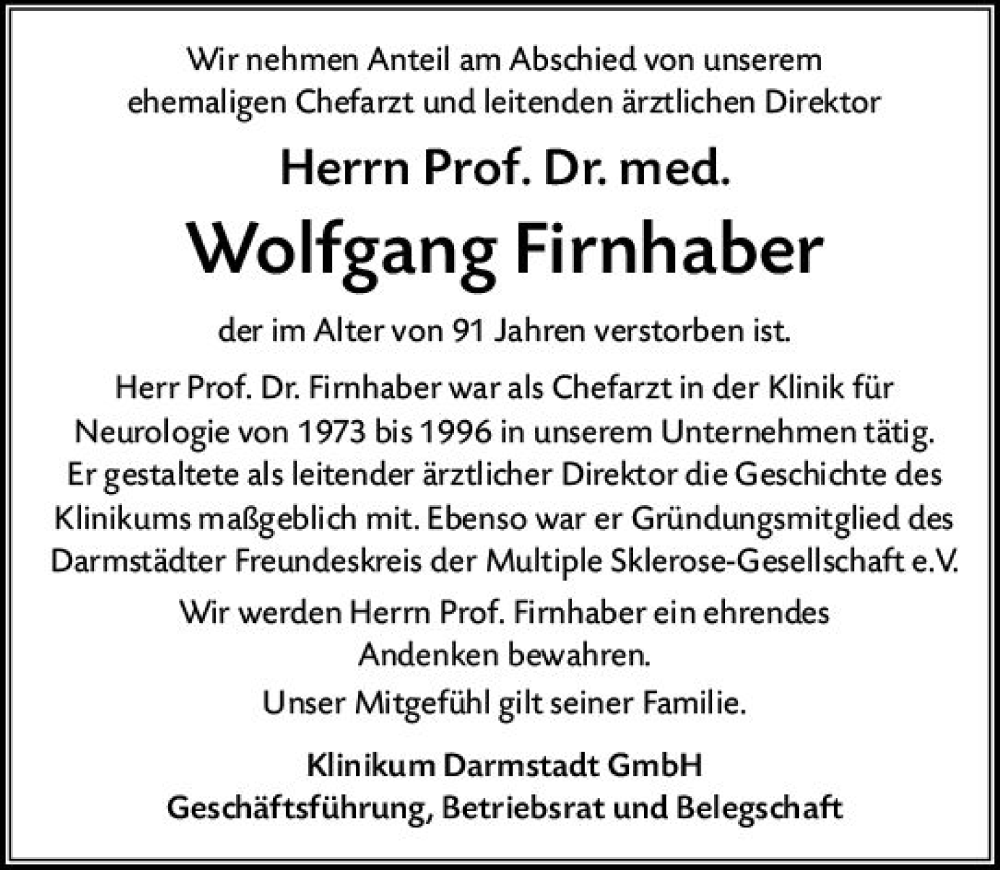  Traueranzeige für Wolfgang Firnhaber vom 24.09.2022 aus vrm-trauer Darmstädter Echo