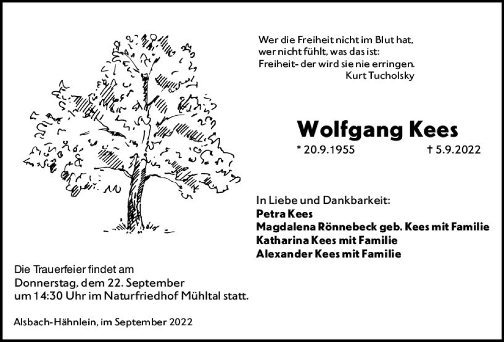  Traueranzeige für Wolfgang Kees vom 17.09.2022 aus vrm-trauer Darmstädter Echo